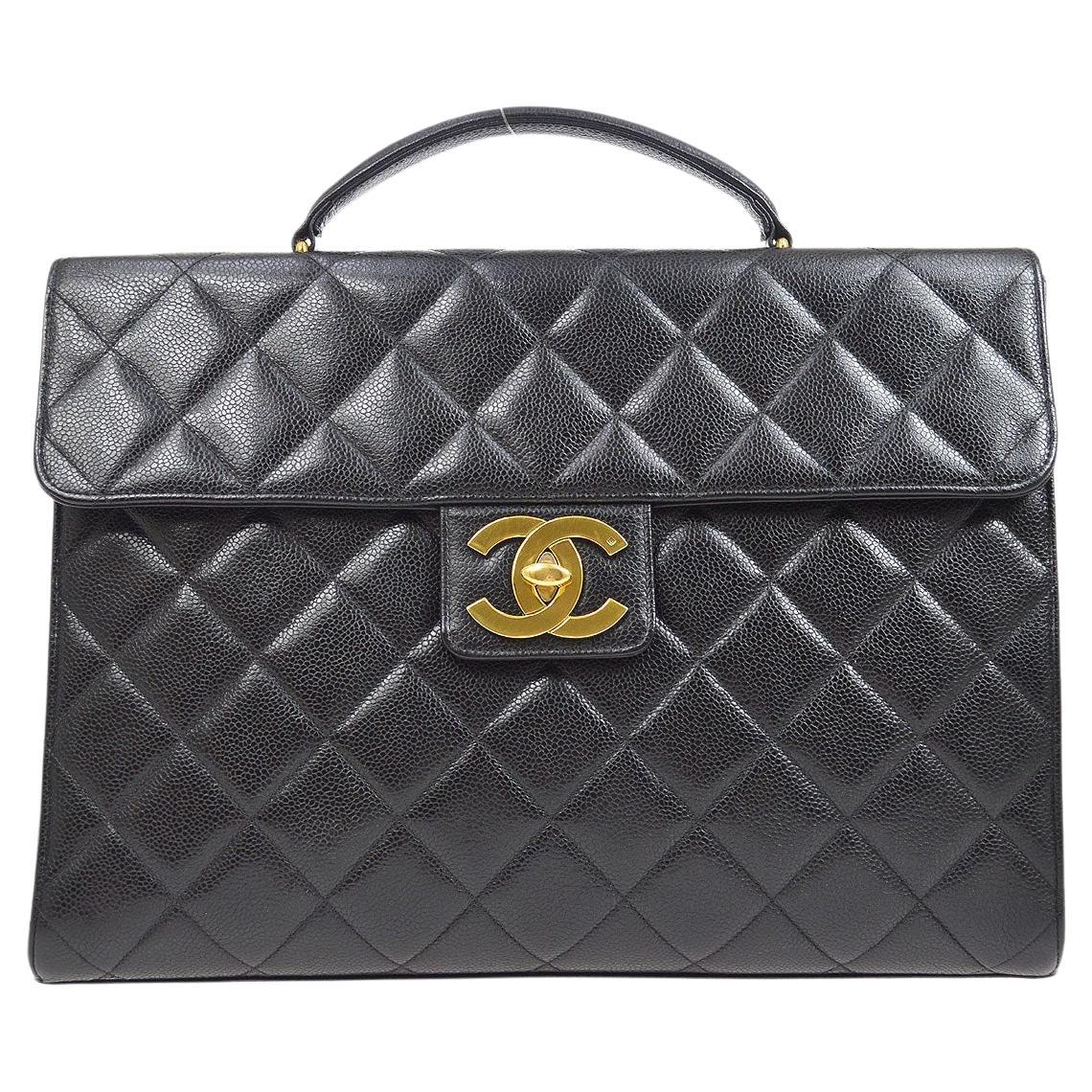 CHANEL Black Caviar Leather Gold CC Briefcase Travel Business Bag For Sale
