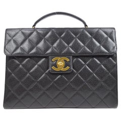 Retro CHANEL Black Caviar Leather Gold CC Briefcase Travel Business Bag