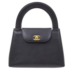 CHANEL Black Caviar Leather Gold CC Evening Party Top Handle Kelly Style Satchel