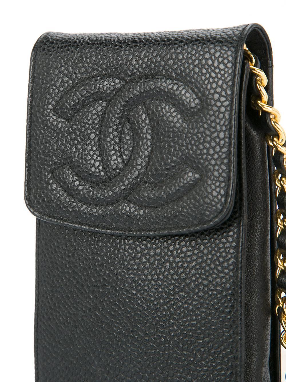 Chanel Black Caviar Leather Gold Cell Phone Travel Crossbody Shoulder Flap Bag In Excellent Condition In Chicago, IL