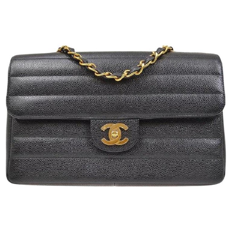CHANEL Black Caviar Leather Gold Evening Jumbo Evening Shoulder Flap Bag