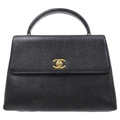 CHANEL Black Caviar Leather Gold Hardware Kelly Top Handle Satchel Flap Bag
