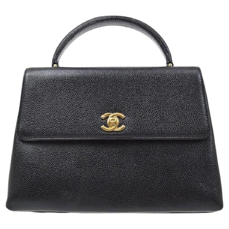 CHANEL Black Caviar Leather Gold Hardware Kelly Top Handle Satchel Flap Bag  at 1stDibs