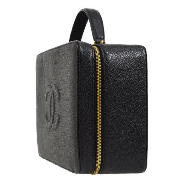 Women's CHANEL Black Caviar Leather Gold Hardware Top Handle Shoulder Travel Vanity Bag 