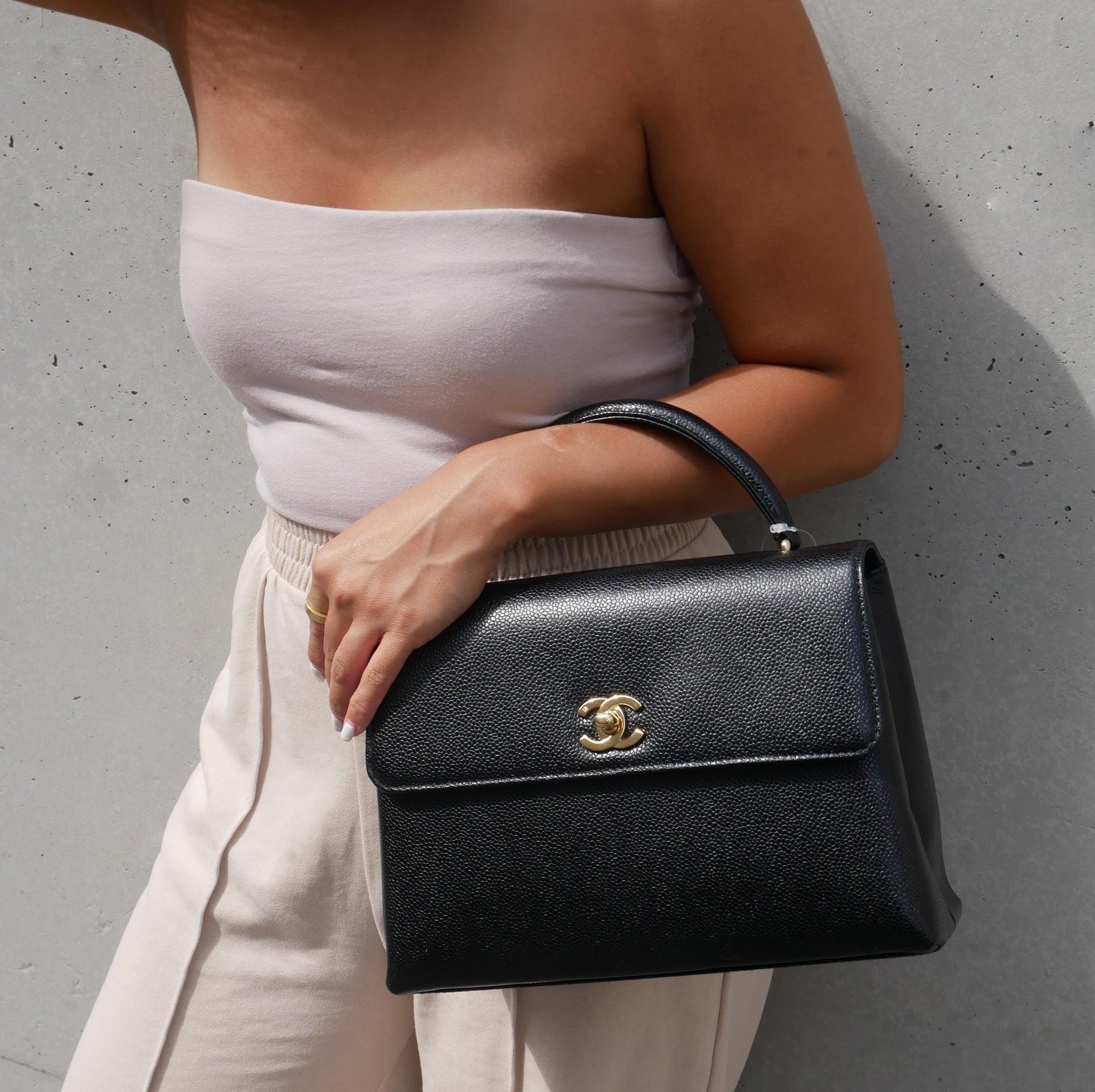 CHANEL Black Caviar Leather Gold Kelly Top Handle Kelly Bag Small For