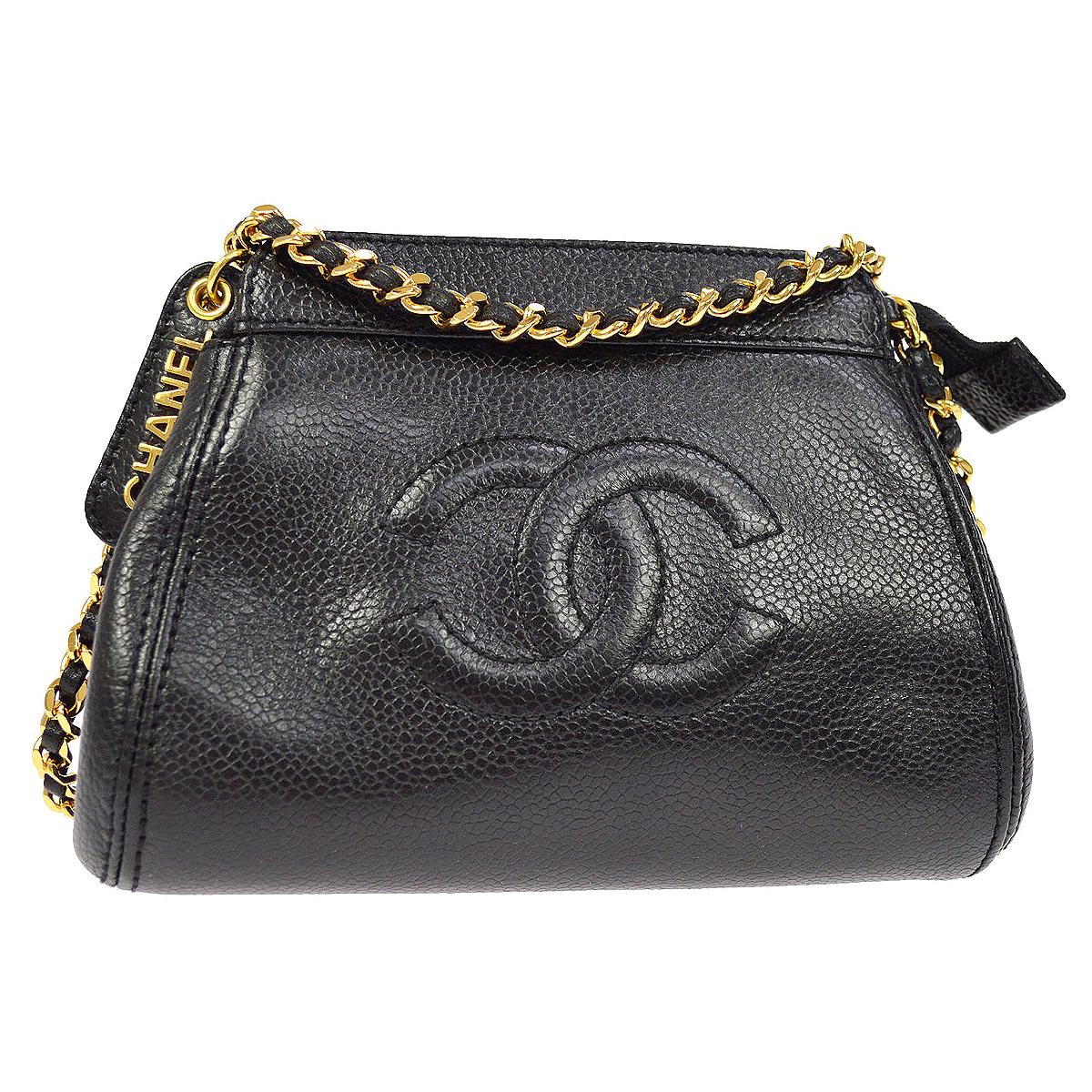 Chanel Black Caviar Leather Gold Logo Evening Small Mini Shoulder Bag