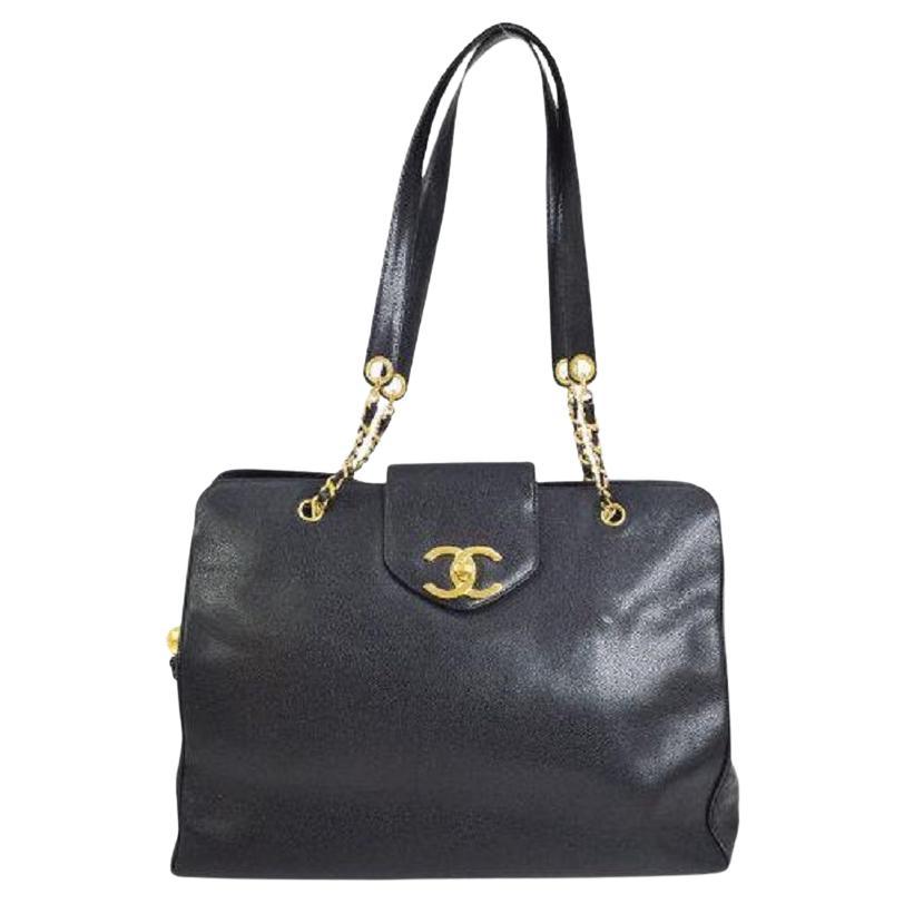 CHANEL Black Caviar Leather Gold Weekender Carryall Travel Shoulder Tote Bag