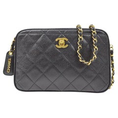 CHANEL Black Caviar Leather Hardware Small Camera Party Evening Shoulder Bag