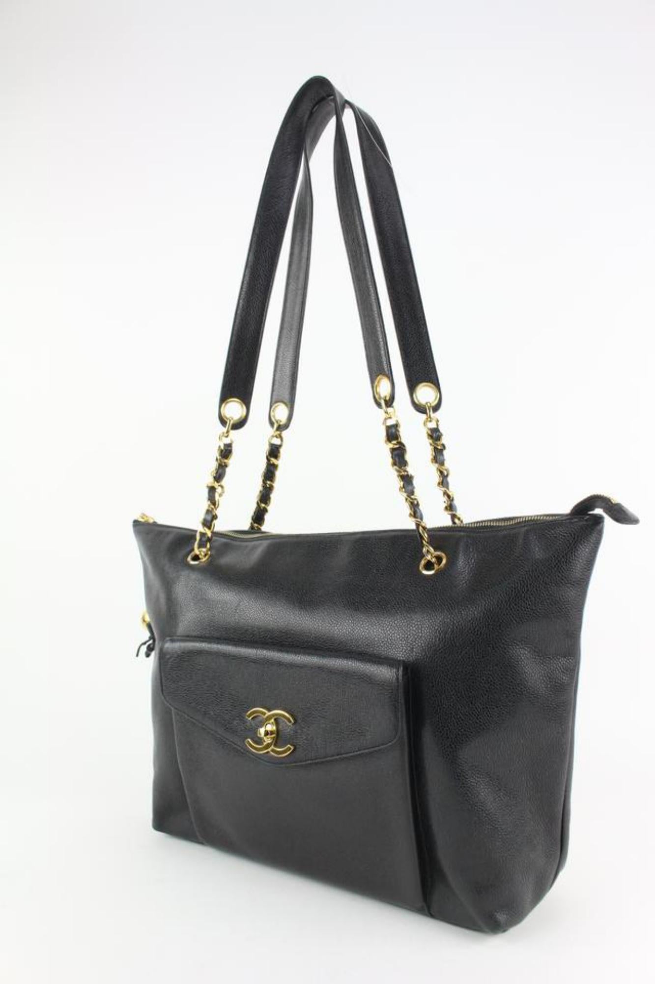 Chanel Black Caviar Leather Jumbo Chain Flap Pocket Tote 114c53 6