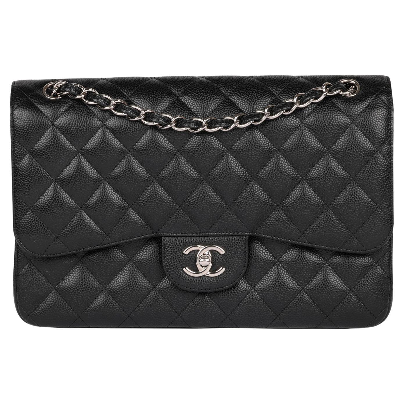 Chanel Black Caviar Leather Jumbo Classic Double Flap Bag For Sale