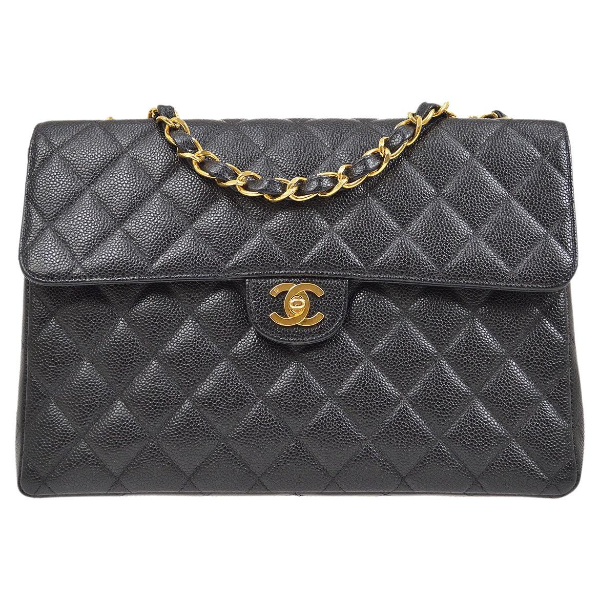 CHANEL Black Caviar Leather Jumbo Gold Evening Shoulder Flap Bag For Sale
