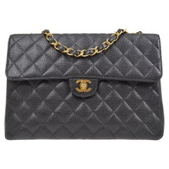 CHANEL Black Caviar Leather Jumbo Gold Evening Shoulder Flap Bag