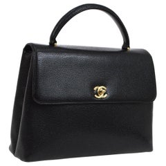 Chanel Black Caviar Leather Kelly Style Top Handle Satchel  Evening Flap Bag