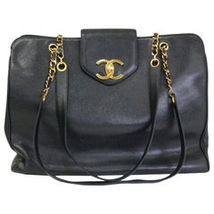 Vintage Chanel Black Caviar Leather Large Overnight Weekender Travel Tote Shoulder Bag
