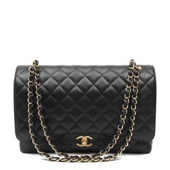 Chanel Black Caviar Leather Maxi Classic Double Flap Bag with Gold Hardware, 201
