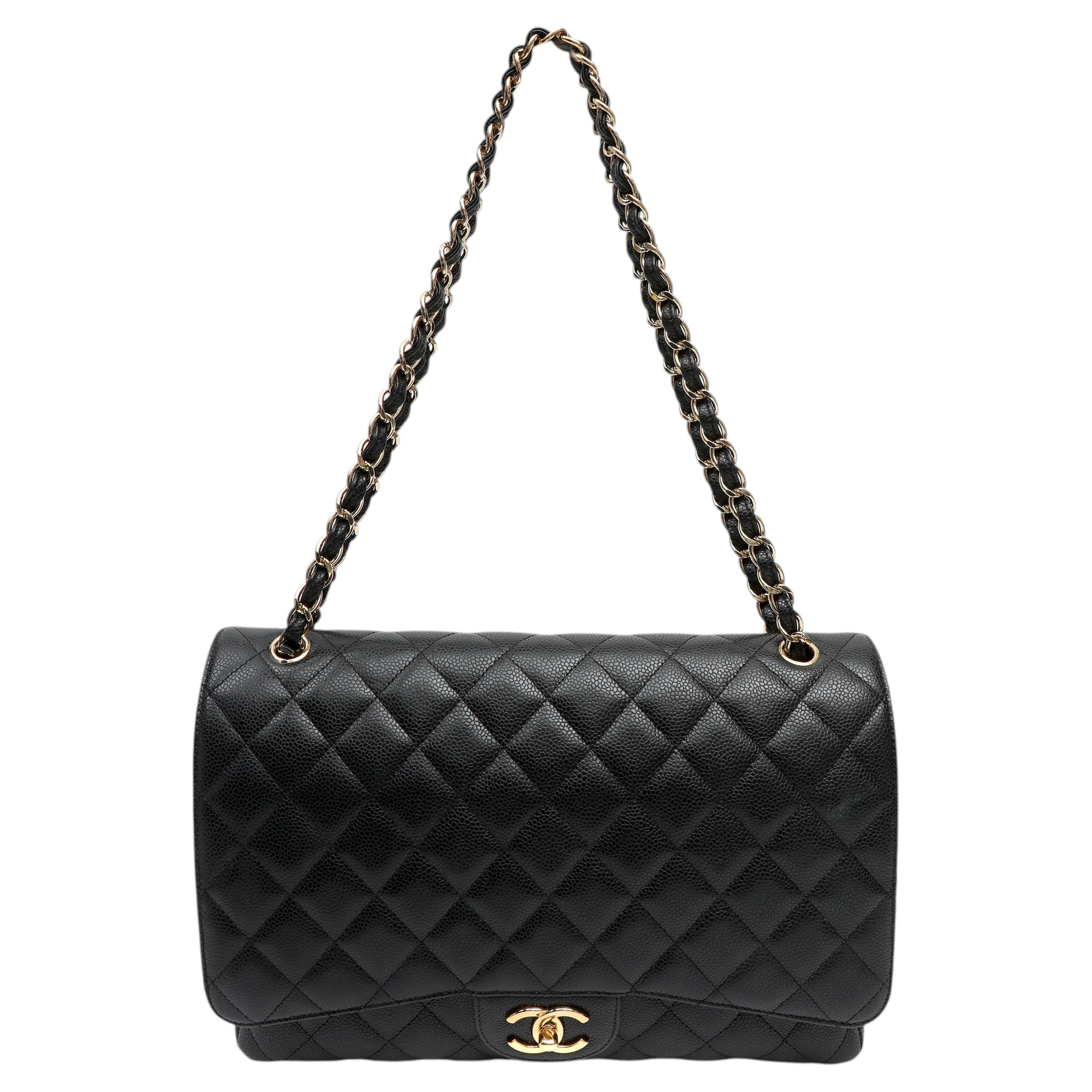 Chanel Maxi Classic Schwarzes Kaviarleder Tasche mit doppelter Klappe und Goldbeschlägen