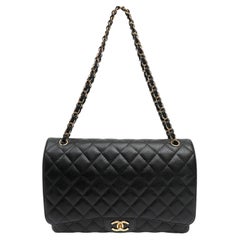 Chanel Black Caviar Leather Maxi Classic Double Flap Bag with Gold Hardware, 201