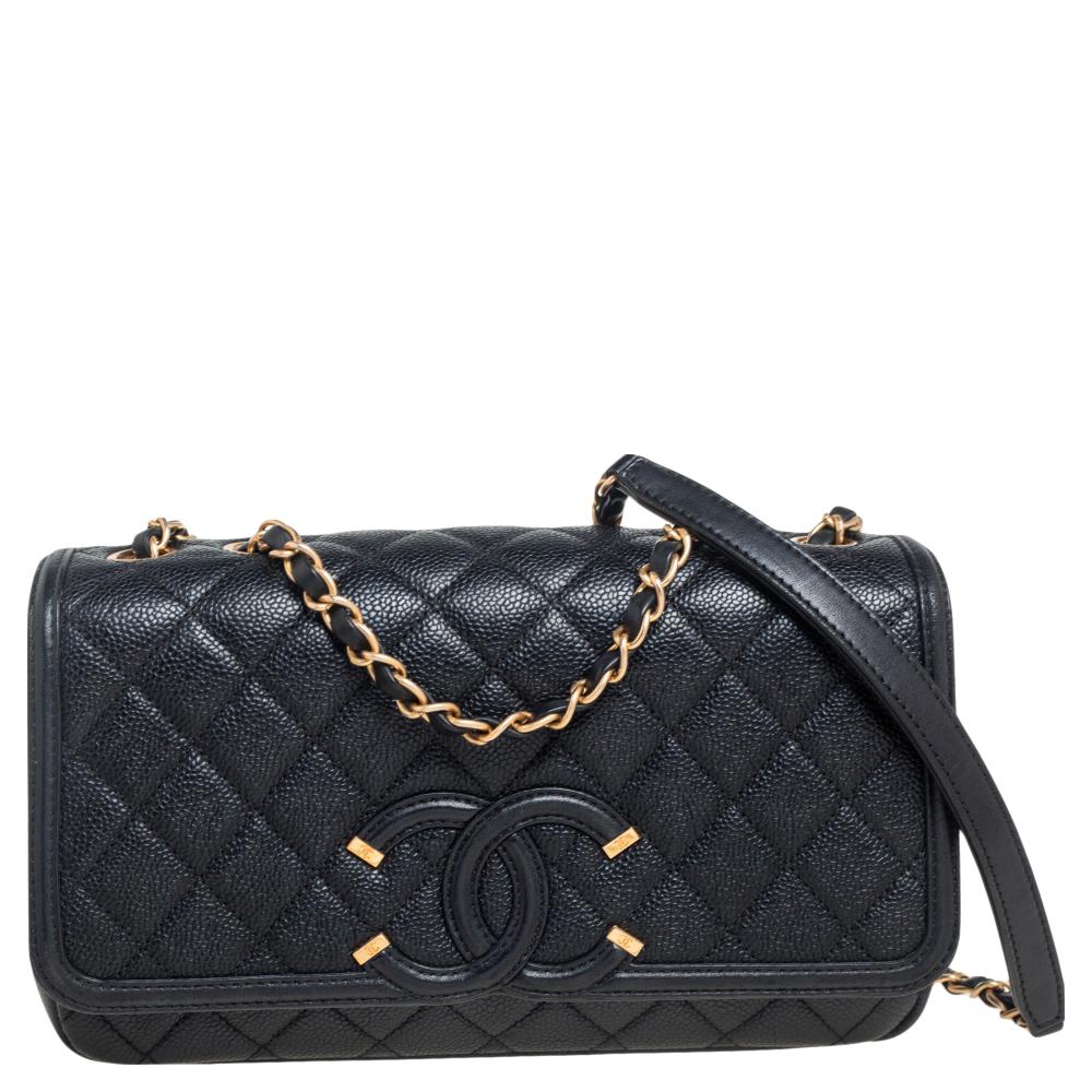Chanel Black Caviar Leather Medium CC Filigree Flap Bag at 1stDibs