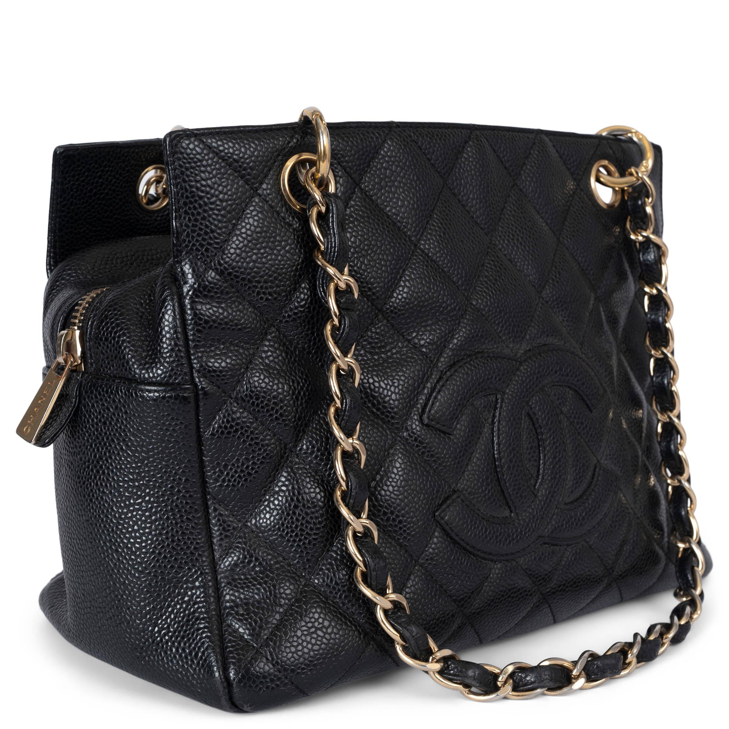 This 100% authentic Chanel Petite Timeless Tote (PTT) bag in black quilted Caviar leather is a classic and versatile choice for everyday elegance. It features gold-plated hardware and a leather-interwoven chain shoulder strap for iconic Chanel