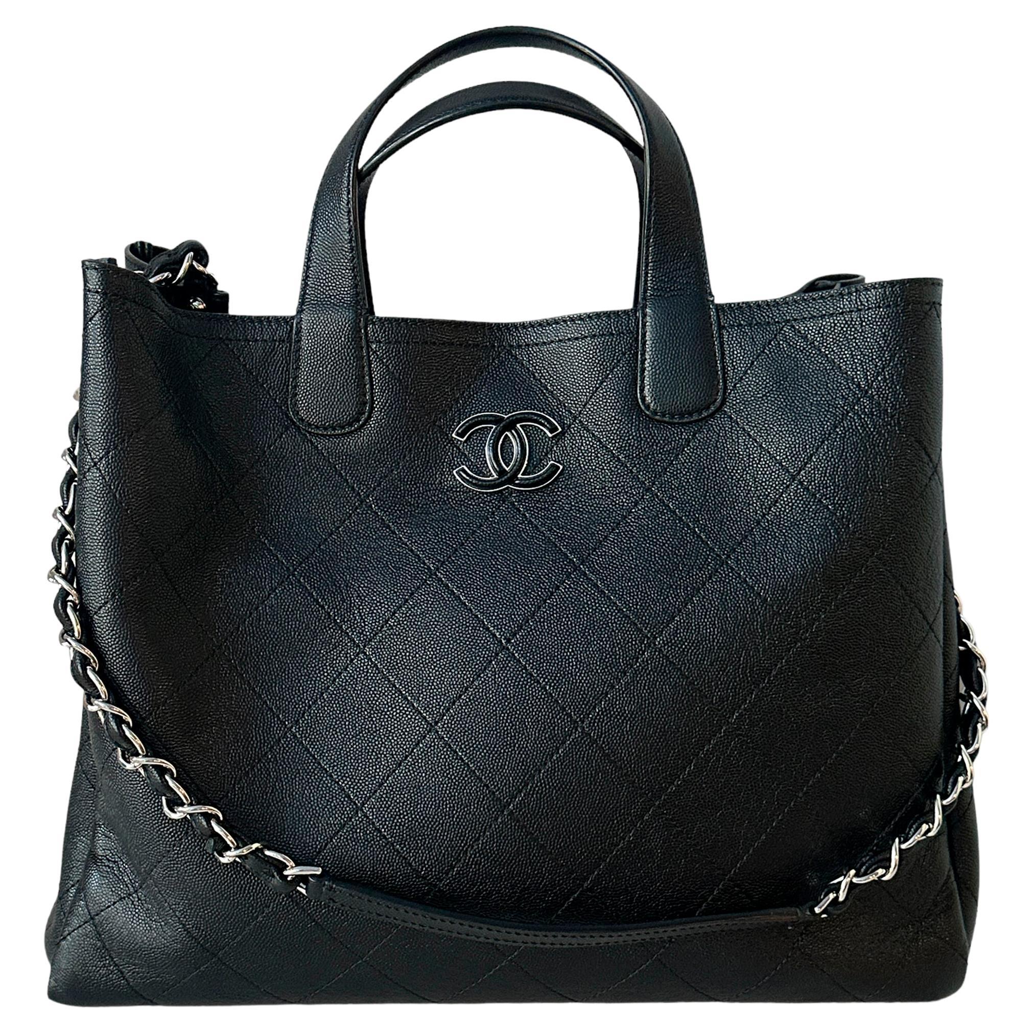 Chanel Black Caviar Leather Quilted CC Shopping Tote Bag For Sale