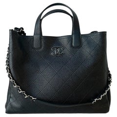 Chanel Black Caviar Leather Quilted CC Shopping Tote Bag