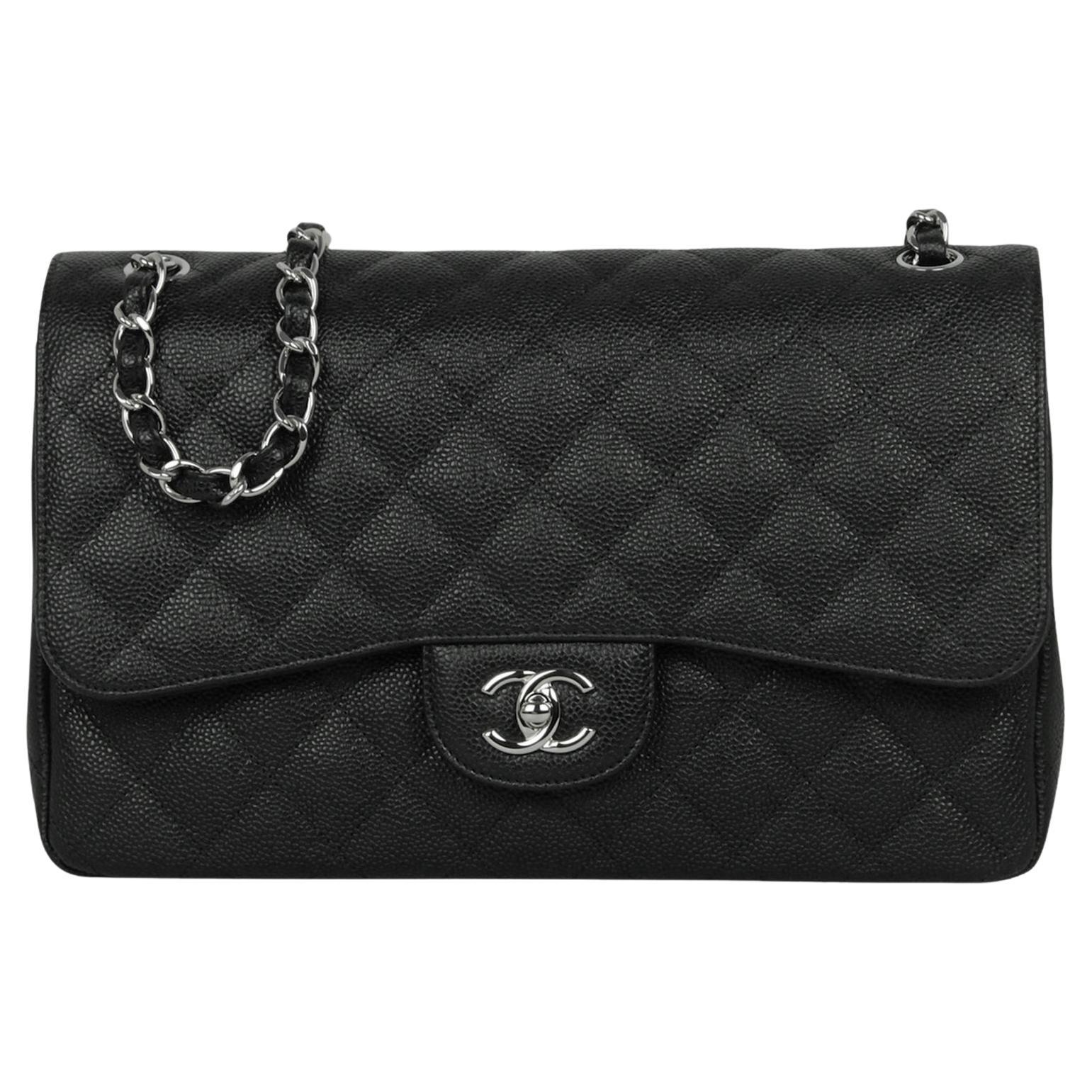 Chanel Black Caviar Leather Quilted Classic Double Flap Jumbo Bag For Sale