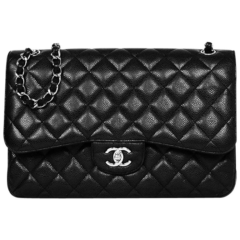 Chanel Black Caviar Leather Quilted Double Flap Jumbo Bag