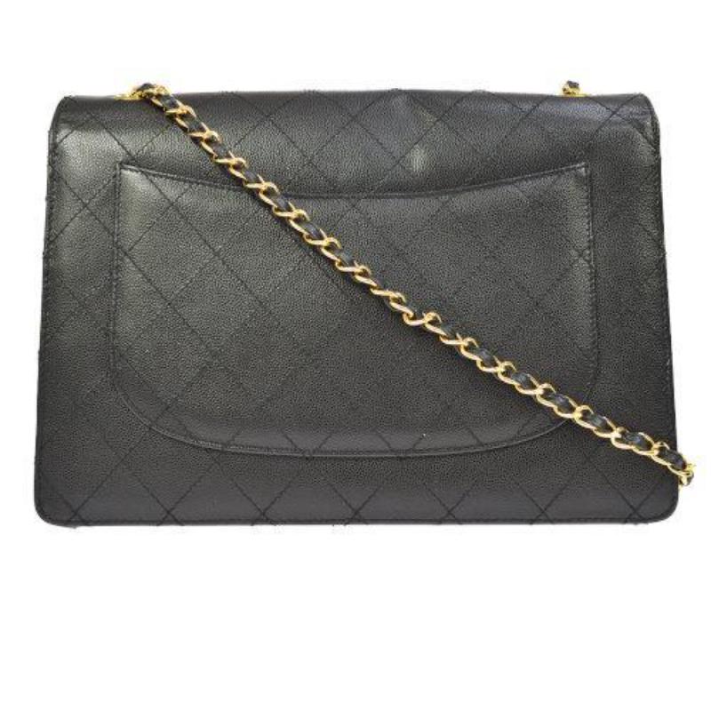 CHANEL Black Caviar Leather Quilted Gold Hardware Classic Jumbo Evening Shoulder In Good Condition For Sale In Chicago, IL