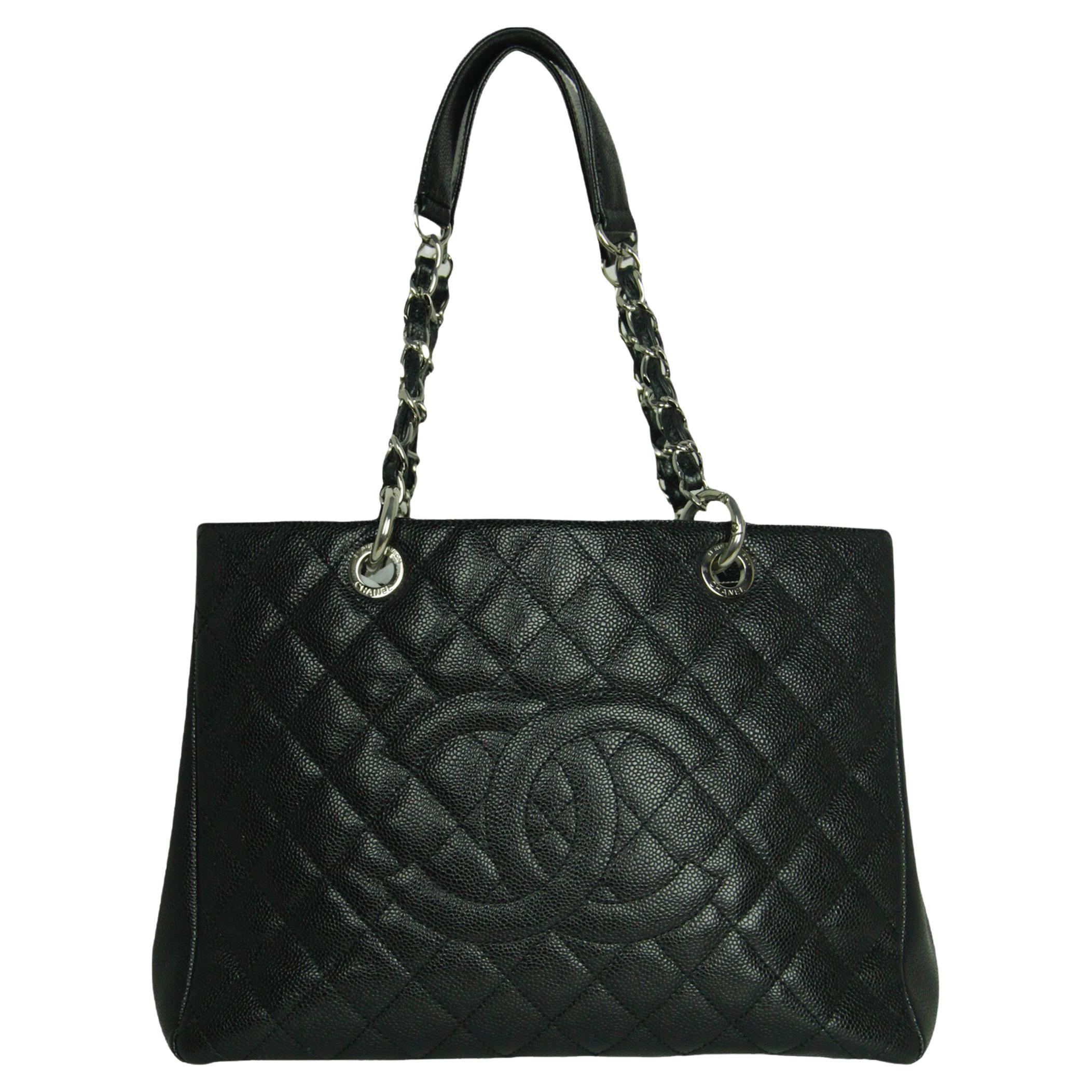Chanel Black Caviar Leather Quilted Grand Shopper Tote Bag GST with SHW For Sale