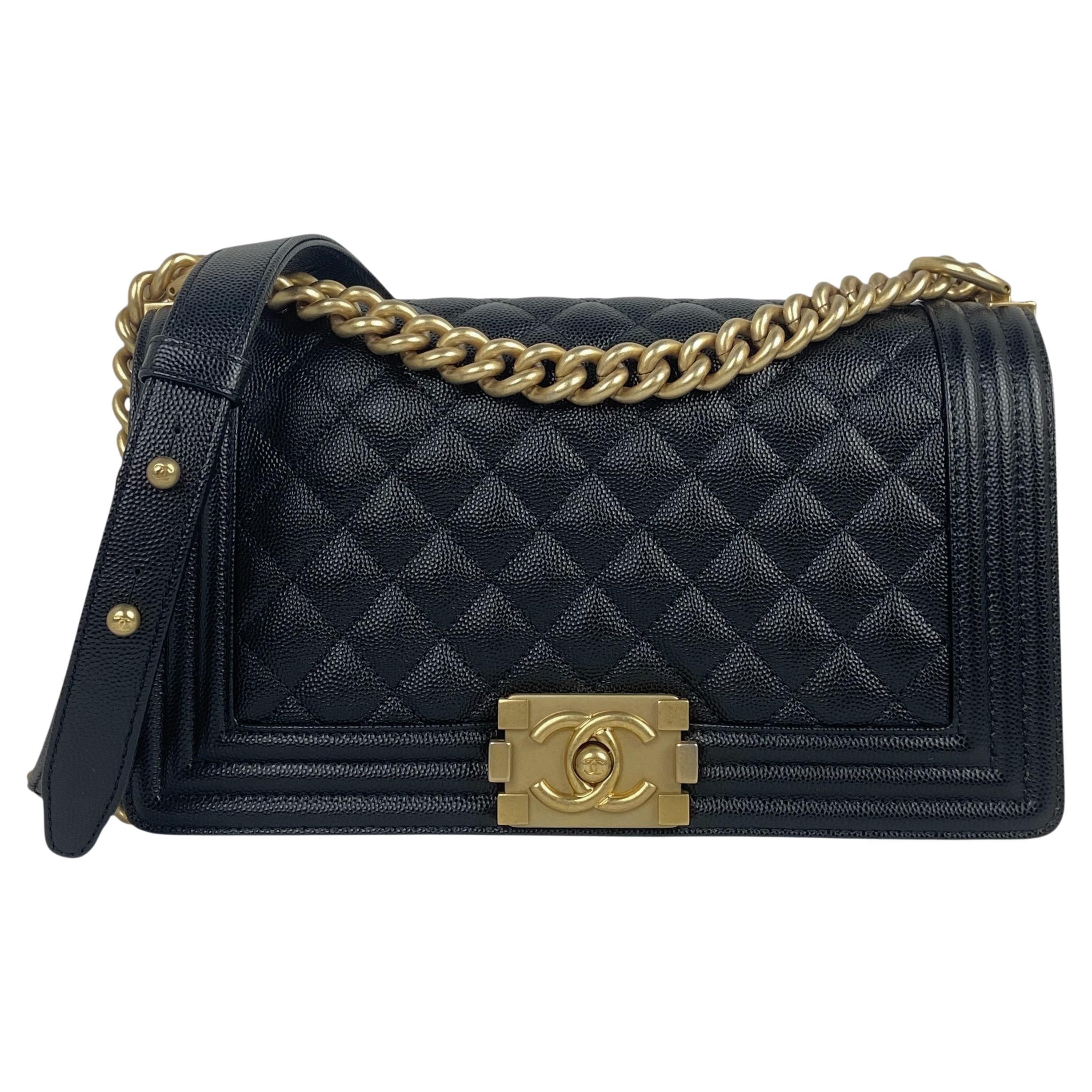 Chanel Black Caviar Leather Quilted Medium Boy Bag w/ GHW For Sale