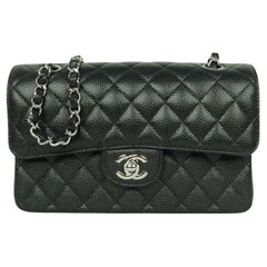 Chanel Black Caviar Leather Quilted Small 9" Double Flap Classic Bag