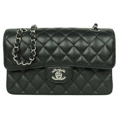 Chanel Black Caviar Leather Quilted Small 9" Double Flap Classic Bag w/ Silver