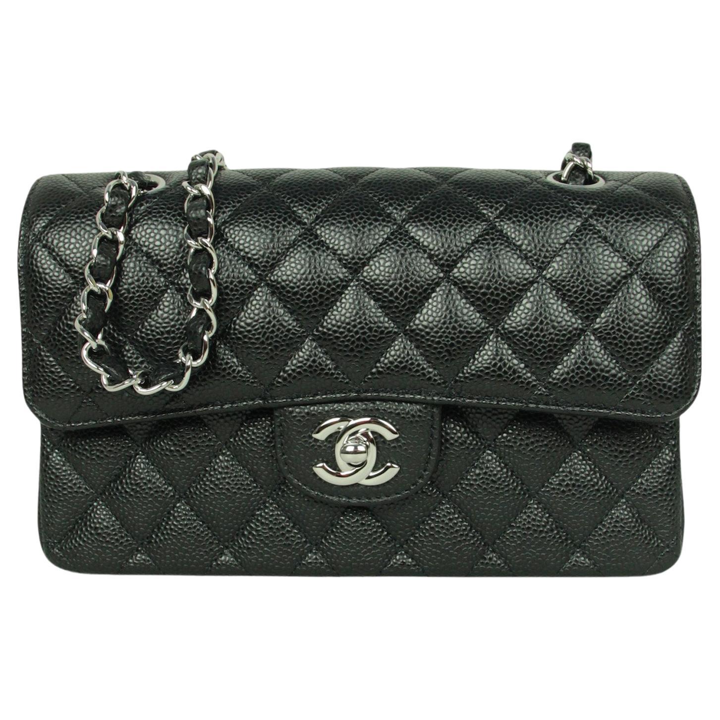 Chanel Black Caviar Leather Quilted Small 9" Double Flap Classic Bag w/ Silver For Sale