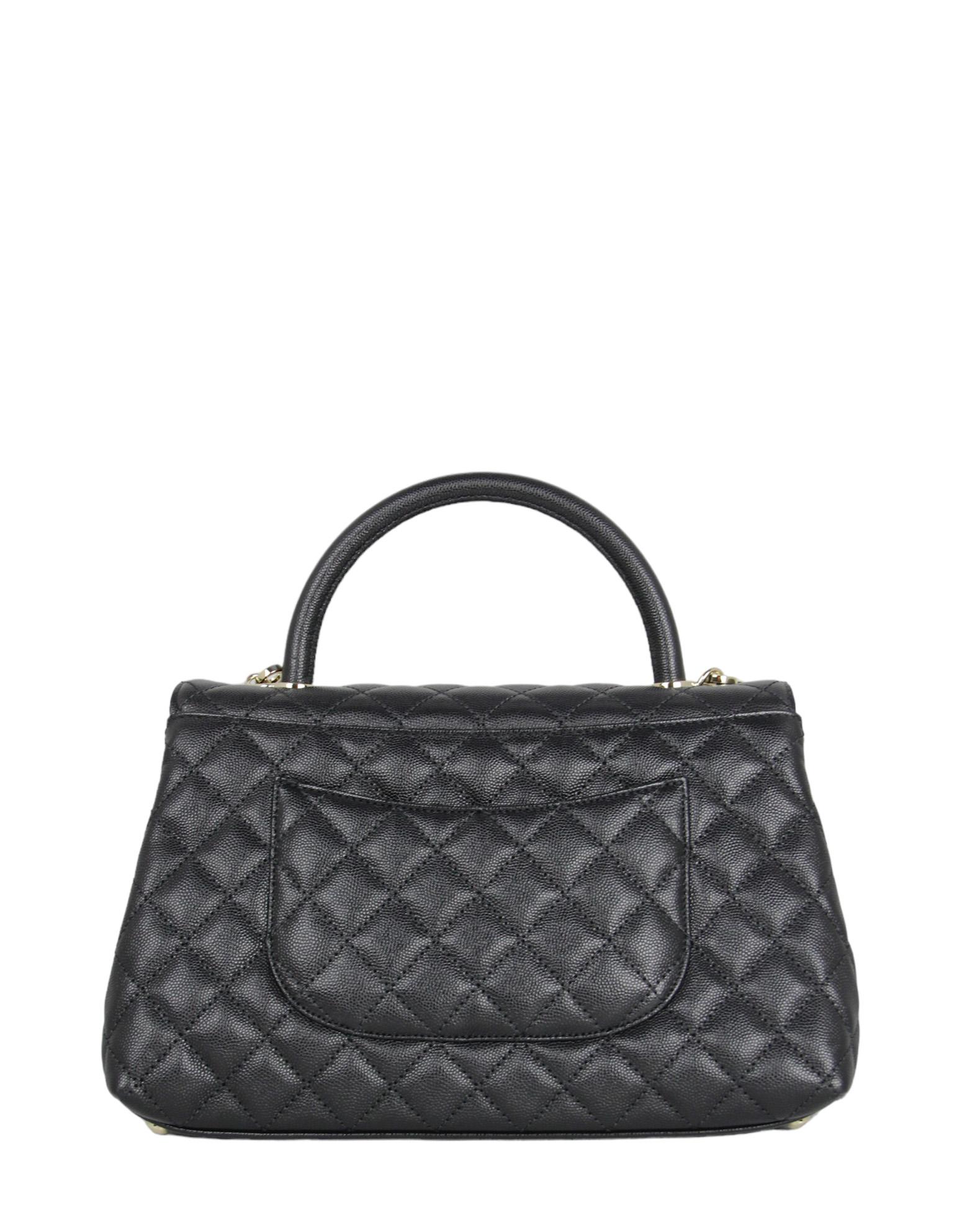 Chanel Black Caviar Leather Quilted Small Coco Handle Bag Flap Bag In Excellent Condition For Sale In New York, NY