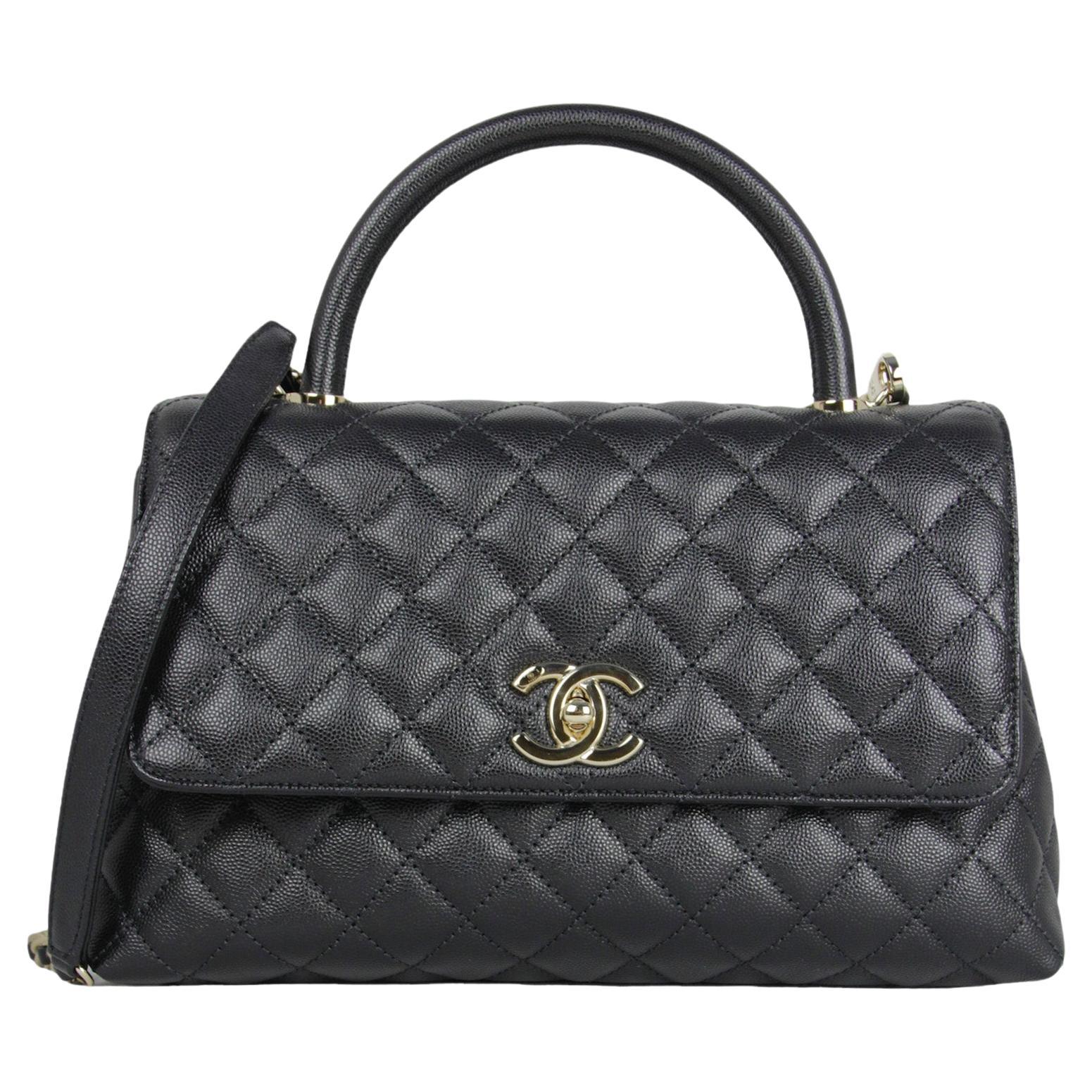 Chanel Black Caviar Leather Quilted Small Coco Handle Bag Flap Bag For Sale