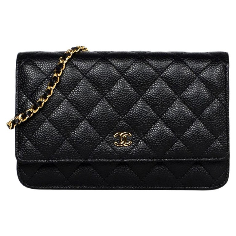 Chanel Black Caviar Leather Quilted Wallet On Chain WOC Crossbody