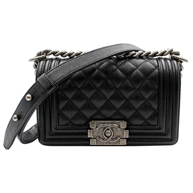 Chanel Black Caviar Leather and Ruthenium Finish Metal Small Boy