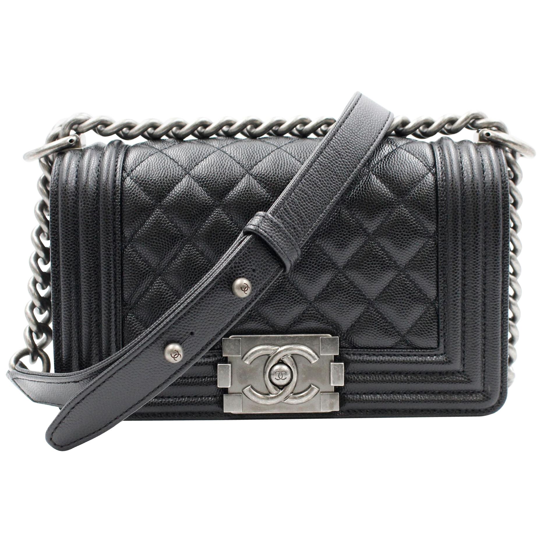 Chanel Black Caviar Leather and Ruthenium Finish Metal Small Boy