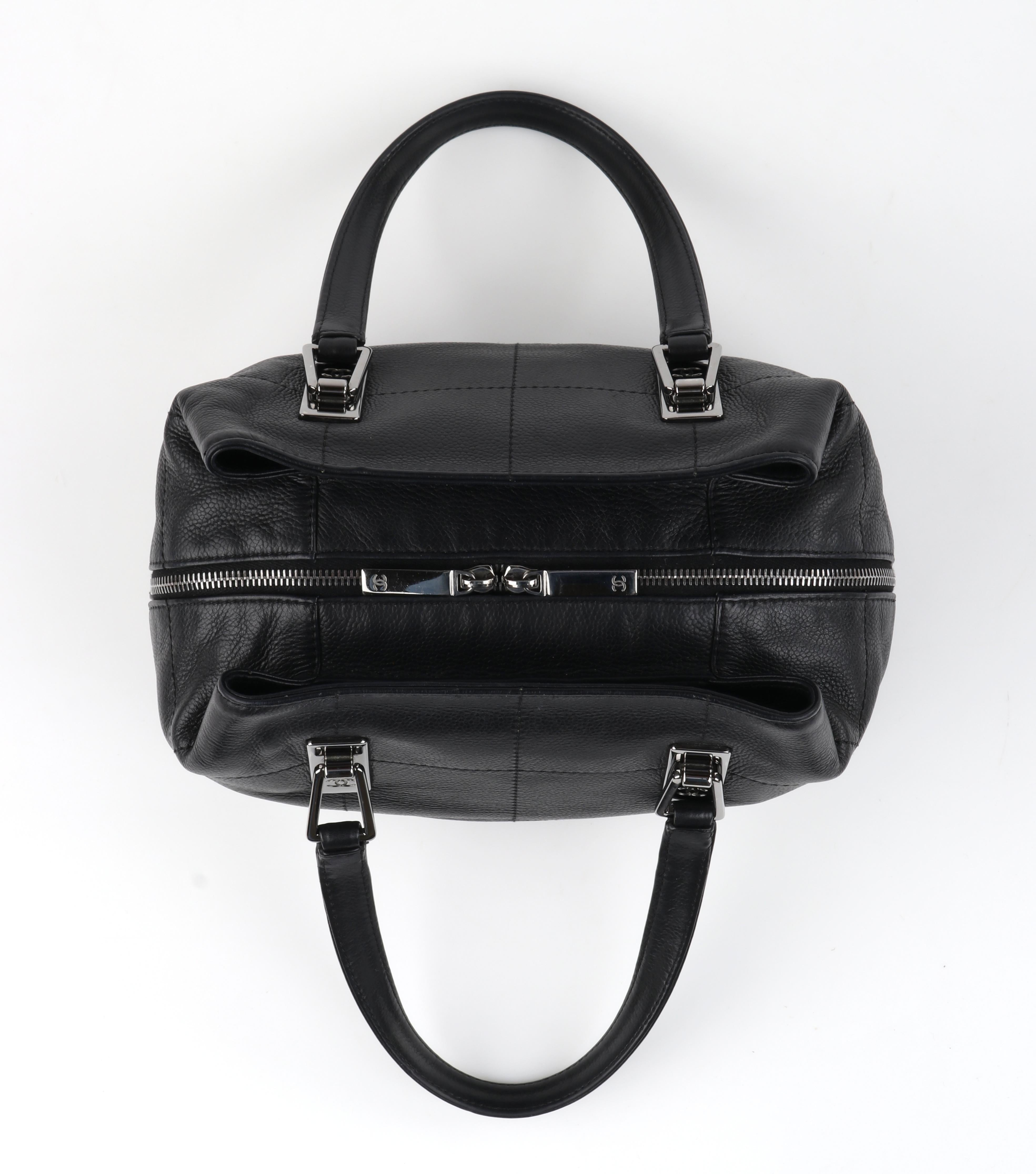 CHANEL Black Caviar Leather Silver Top Handle Quilted Satchel Handbag Purse 1