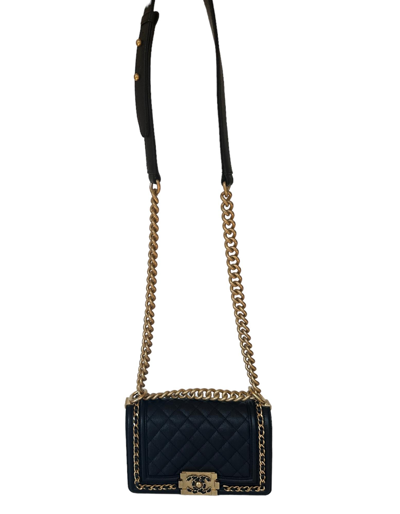 Women's Chanel Black Caviar Leather Small Quilted Chain Around Boy Bag For Sale