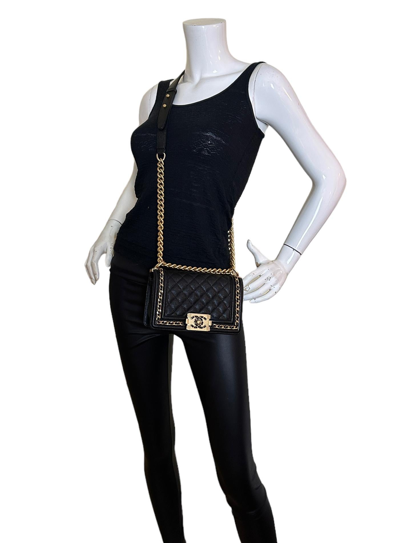Chanel Black Caviar Leather Small Quilted Chain Around Boy Bag In Excellent Condition For Sale In New York, NY