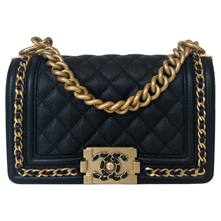 Chanel Black Caviar Leather Small Quilted Chain Around Boy Bag For