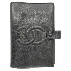 Vintage Chanel Black Caviar Leather Small Ring Agenda Diary Cover Notebook 863283