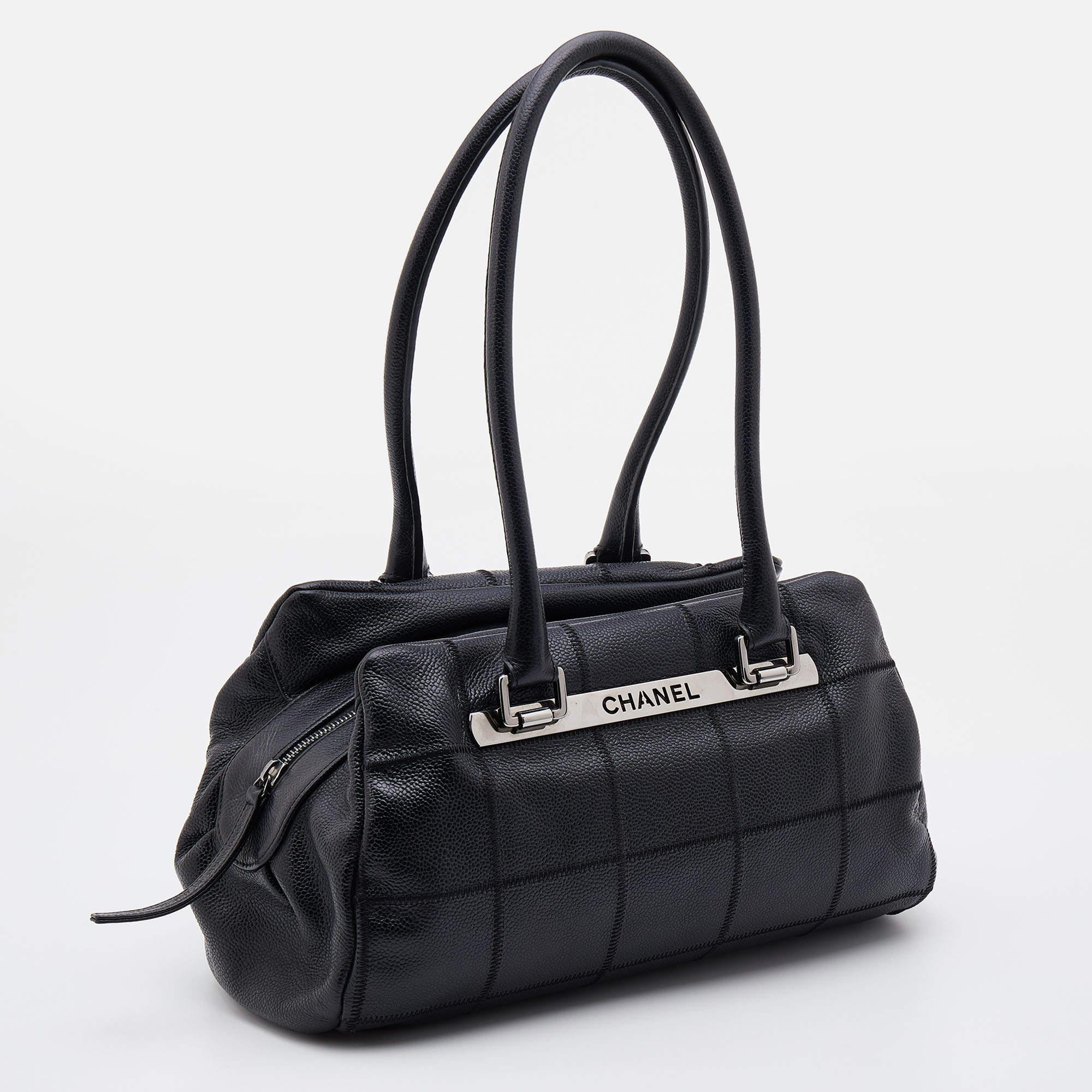 Women's Chanel Black Caviar Leather Square Quilt LAX Bowler Bag
