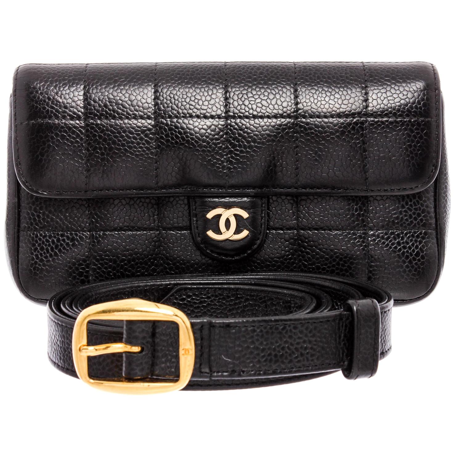 Chanel Black Caviar Leather Square Quilt Waist Flap Bag For Sale at 1stdibs