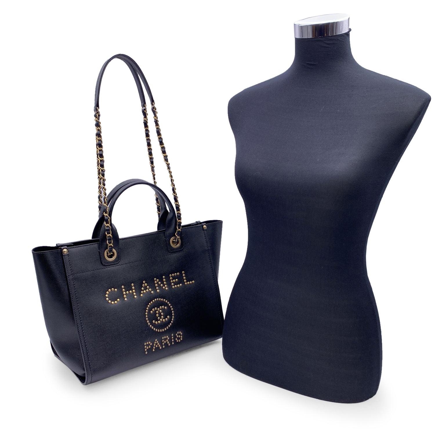 Chanel Black Caviar Leather Studded Deauville Tote Shoulder Bag 4