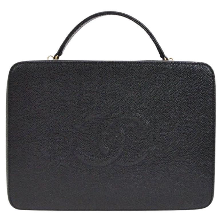 CHANEL Black Caviar Leather Top Handle Travel Tote Cosmetic Vanity Shoulder Bag