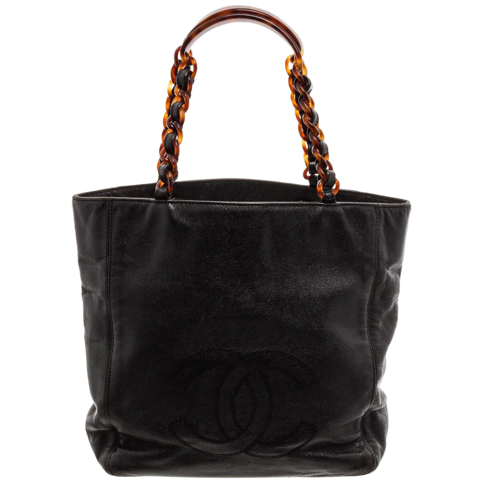 Chanel Black Caviar Leather Tortoise Shell Tote Bag