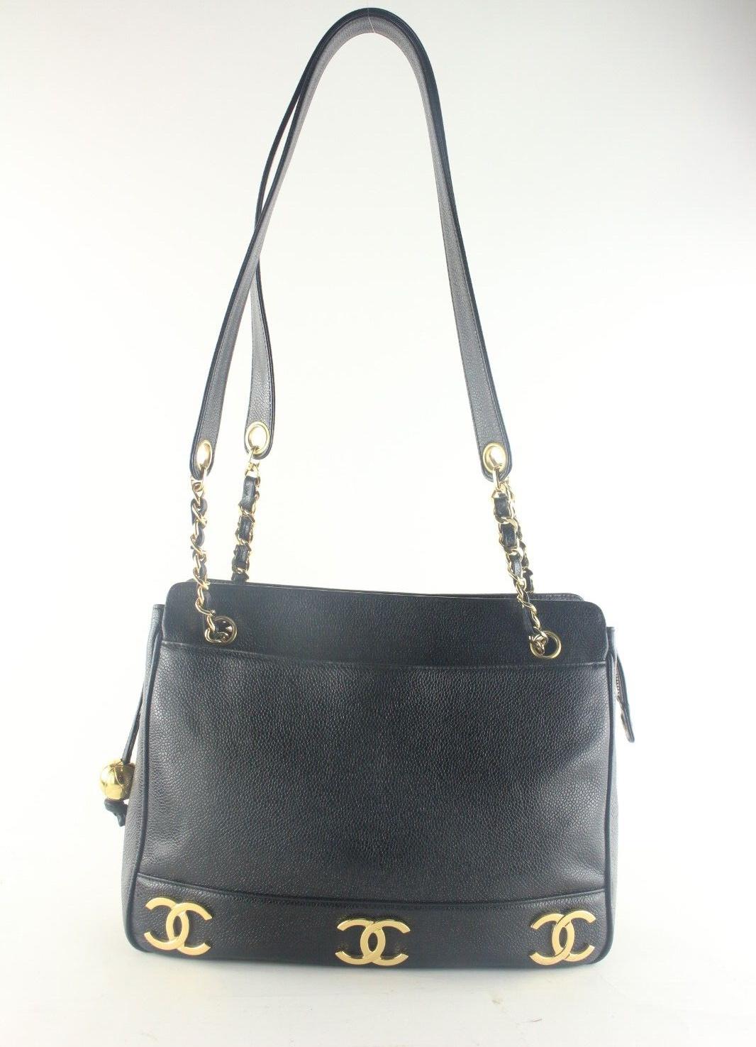 Chanel Black Caviar Leather Triple C 24K Gold Plated Chain Tote 5CK103K In Excellent Condition In Dix hills, NY