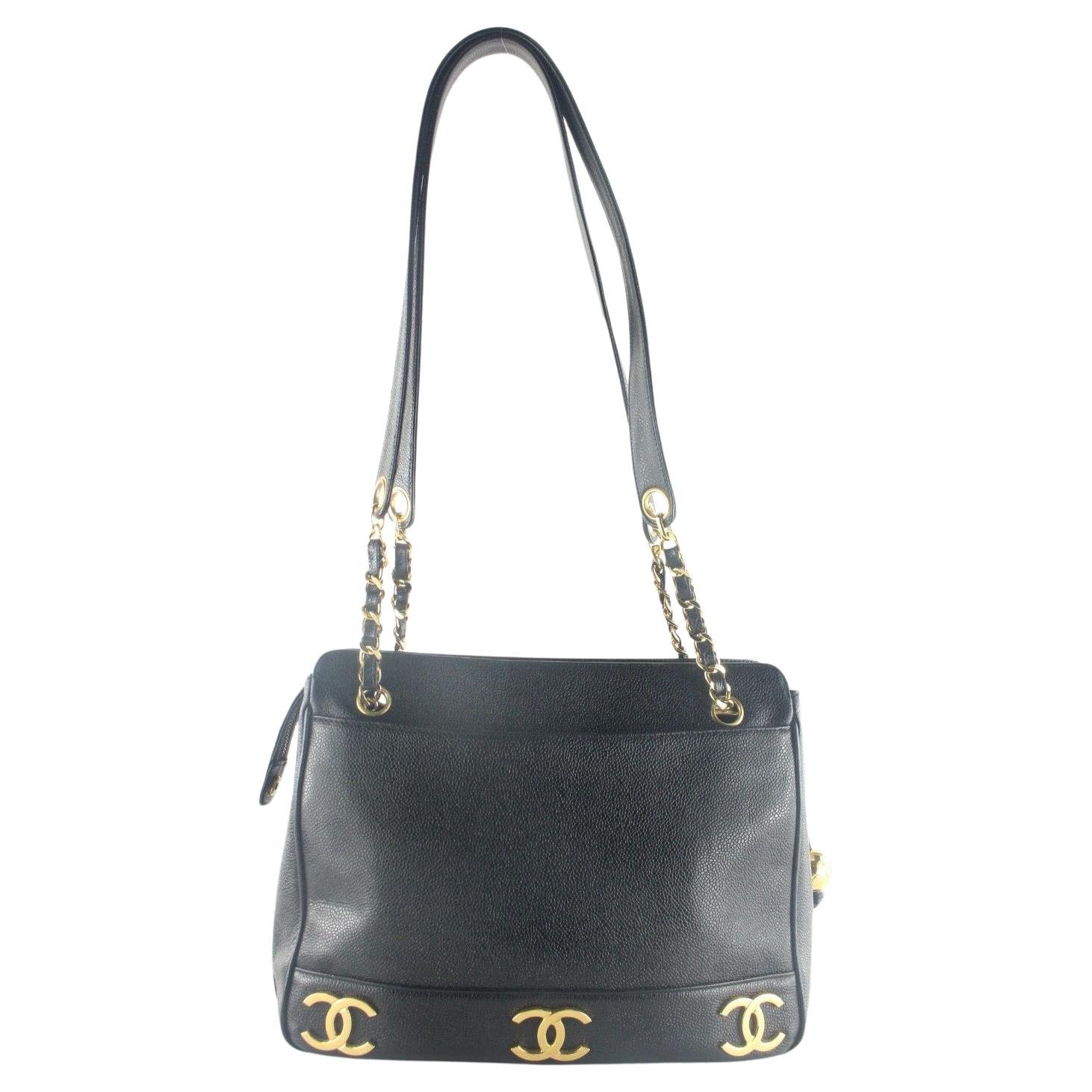 Chanel Black Caviar Leather Triple C 24K Gold Plated Chain Tote 5CK103K